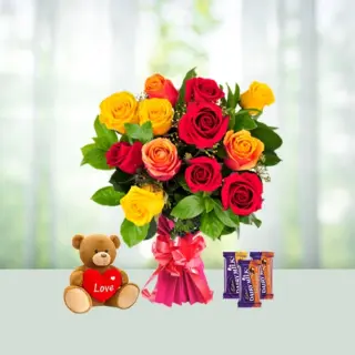 Send 10 Mixed Roses Flowers Bouquetswith Cadbury Dairy Milk Chocolates And Teddy Gift Online in India