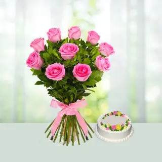 Send 10 Pink Roses Flowers Bouquet And Half Kg Pineapple Cake Gift Online in India