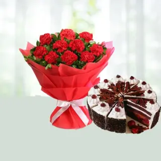 Send 10 Red Carnations Flower Bouquet with Half Kg Black Forest Cake Gift Online in India