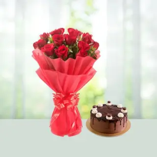 Send 10 Red Roses Flowers Bouquet with Half Kg Choclate Truffle Cake Gift Online in India