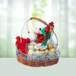 Send 10 Red Roses Flowers Bouquet with A Teddy And Ferroro Rocher Gift Online in India