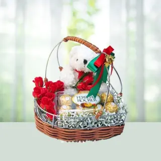 Send 10 Red Roses Flowers Bouquet with A Teddy And Ferroro Rocher Gift Online in India