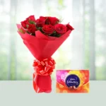 Send 10 Red Roses Flowers Bouquet And Cadbury Celebration Gift Online in India