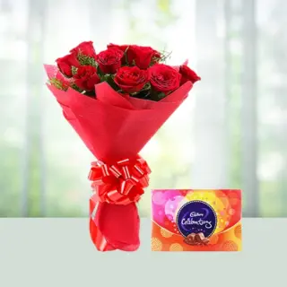 Send 10 Red Roses Flowers Bouquet And Cadbury Celebration Gift Online in India