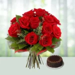 Send 10 Red Roses Flowers Bouquet with Half kg Black Forest cake Gift Online in India
