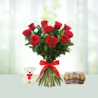 Send 10 Red Roses Flowers Bouquet And Teddy with Ferroro Rocher Gift Online in India