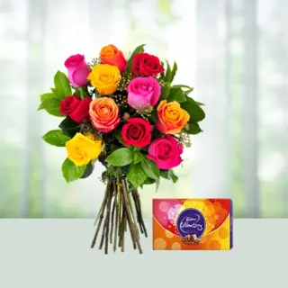 Send 10 Roses Flowers Bouquet And A Cadbury Celebration Chocolates Gift Online in India
