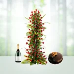 Send 100 Red Roses Flowers Bouquet with 1 kg Chocolate Cake And 1 Champagne Gift Online in India