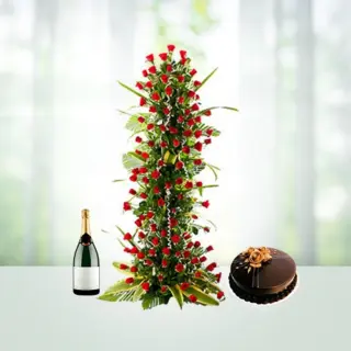 Send 100 Red Roses Flowers Bouquet with 1 kg Chocolate Cake And 1 Champagne Gift Online in India