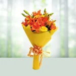 Send Flowers Bouquet 12 Red And Yellow Roses And 5 Asiatic Lilies Gift Online in India