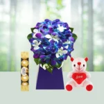 Send 12 Blue Orchids Flowers Bouquet with Teddy And Ferrero Rocher Gift Online in India