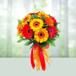 Send Flowers Bouquet 12 Orange And Yellow Gerberas Gift Online in India