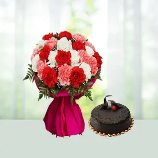 Send 12 Carnations Flower Bouquet with Half kg Chocolate Cake Gift Online in India