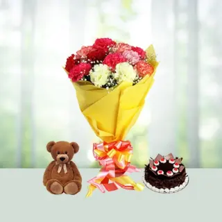 Send 12 Mix Carnation with Teddy And Half Kg Black Forest Cake Gift Online in India