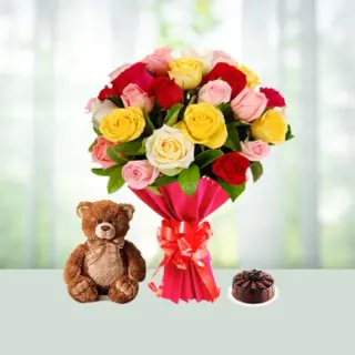 Send 12 Mixed Roses Flowers Bouquet with Half Kg Chocolate Cake And Teddy Gift Online in India