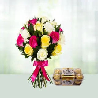 Send 12 Mixed Roses Flowers Bouquetswith Ferrero Rocher Chocolates Gift Online in India