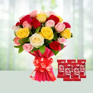 Send 12 Mixed Roses Flowers Bouquet Bunch with Nestle KitKat Gift Online in India