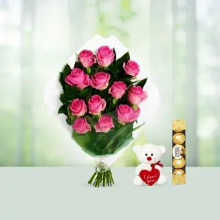Send 12 Pink Roses Flowers Bouquetswith Ferrero Rocher And Teddy Gift Online in India