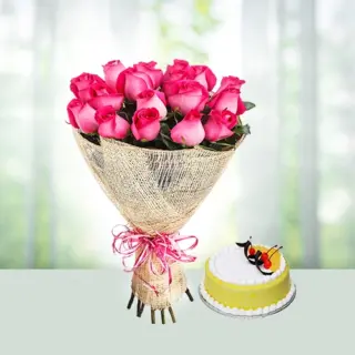 Send 12 Pink Roses Flowers Bouquetswith Half kg Pineapple Cake Gift Online in India