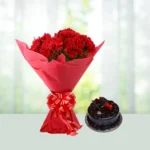 Send 12 Red Carnations Flower Bouquet with Half Kg Chocolate Cake Gift Online in India