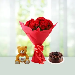 Send 12 Red Carnations Flowers Bouquets with Teddy And Chocolate Cake Gift Online in India