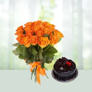 Send 12 Red and Orange Roses Flowers Bouquet with Half Kg Chocolate Cake Gift Online in India