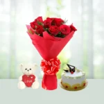 12-red-roses-1-kg-pineapple-cake-teddy-flowershopindia