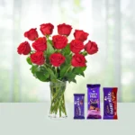 Send 12 Red Roses Flowers Bouquet with Dairy Milk Chocolates Gift Online in India
