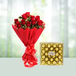 Send 12 Red Roses Flowers Bouquet with Ferrero Chocolates Gift Online in India