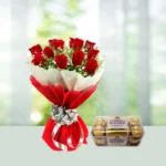 Send 12 Red Roses Flowers Bouquet with Ferrero Rocher Chocolates Gift Online in India