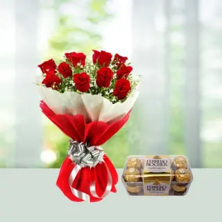 Send 12 Red Roses Flowers Bouquet with Ferrero Rocher Chocolates Gift Online in India