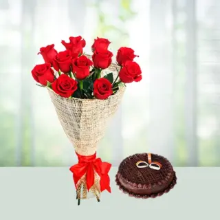 Send 12 Red Roses Flowers Bouquet with Half Kg Chocolate Cake Gift Online in India