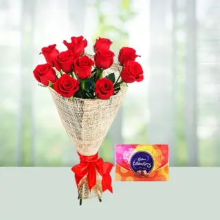 Send 12 Red Roses Flowers Bouquet with Small Cadbury Celebration Gift Online in India