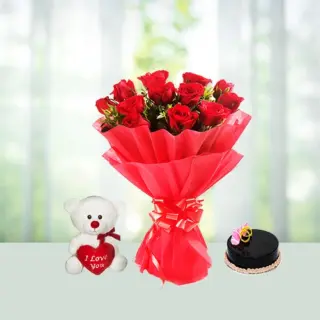 Send 12 Red Roses Flowers Bouquet with Teddy and Half Kg Chocolate Cake Gift Online in India