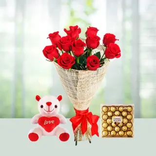 Send 12 Red Roses Flowers Bouquet with Teddy And Ferrero Rocher Chocolates Gift Online in India