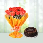 Send 12 Roses Flowers Bouquet with Half Kg Chocolate Cake Gift Online in India
