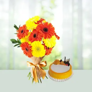Send 12 Yellow And Orange Gerbera Flowers Bouquets with Half Kg Pineapple Cake Gift Online in India