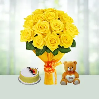 Send 12 Yellow Roses Flowers Bouquet with Teddy And Half Kg Pineapple Cake Gift Online in India