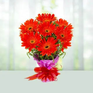 Send Flowers Bouquet 8 Red Colour Gerberas Gift Online in India