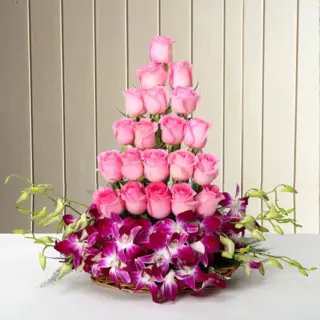 Send Flowers Basket 6 Purple Orchids And 20 Pink Roses Gift Online in India