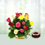 Send 14 mixed Roses Flowers Bouquet and 2kg black forest cake Gift Online in India