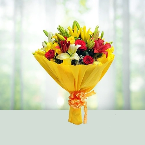 Send Flowers Bouquet 12 Red And Yellow Roses Gift Online in India
