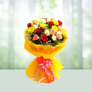 Send Flowers Bouquet 15 Red Yellow And Pink Roses Gift Online in India