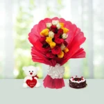 Send 15 Mixed Roses Flowers Bouquet with Cake And Teddy Gift Online in India