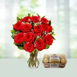 Send 15 Red Roses Flowers Bouquet with Ferrero Rochers Chocolates Gift Online in India