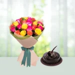Send 15 Yellow and Pink Roses Flowers Bouquetswith Half Kg Chocolate Cake Gift Online in India