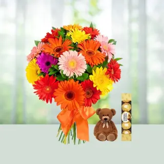 Send 18 Mix Gerbera Flowers Bouquet with Teddy And Ferrero Rocher Gift Online in India