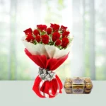 Send 18 Red Roses Flowers Bouquet with Ferrero Rocher Chocolates Gift Online in India