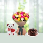 Send 20 Mixed Roses Flowers Bouquet with Teddy and Chocolate Cake Gift Online in India