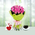 Send 24 Pink Roses Flowers Bouquetswith Teddy and 1 kg Chocolate Cake Gift Online in India